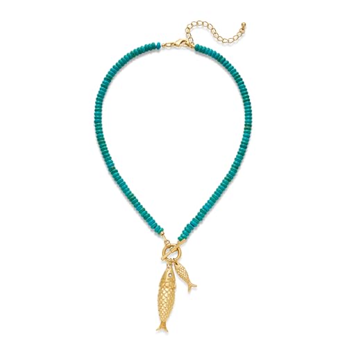Gold Fish Necklace For Women Blued Beaded Strand Toggle Necklace With Gold Fish Pendants Dainty Summer Beach Turquoise Jewelry - style: Chubby Fish