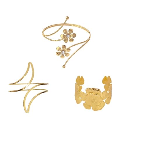 COLORFUL BLING 3PCS Upper Arm Bracelet Gold Silver Chunky Cuff Bracelets Flower Butterfly Armband Set for Women Irregular Minimalist Open Wide Coil Band Bangle Boho Jewelry - style: Set 3