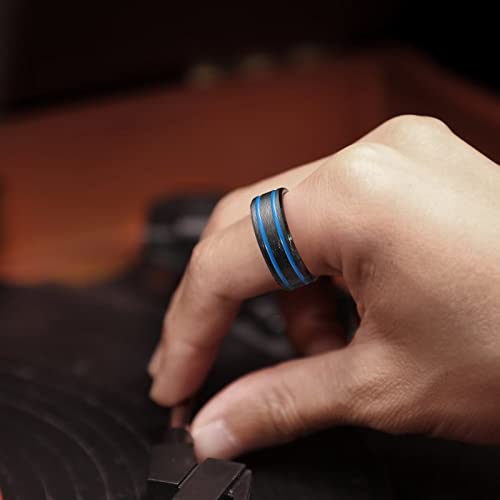 King Will Mens Tungsten Rings for Men Two Tone Grooved Mens Wedding Band Cool - color: Black & Blue Two Groove 8mm