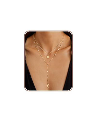 CHESKY Long Necklaces for Women, 14k Gold Plated/Streling Silver Lariat Necklace Dainty Statement Prom Necklace Rosary Cross Sun Drop Pendant Dangle Necklace Gold Prom Jewelry for Women Gifts - style: y necklace 16