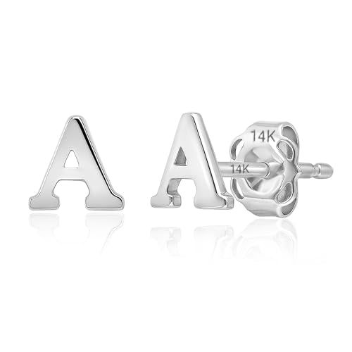 14k Gold Small Script Initial Letter Stud Earrings for Women | Anti Tarnishing 5mm 14k Gold Studs | A-Z Alphabet Earrings with Gift Box by MAX + STONE - style: A | White Gold