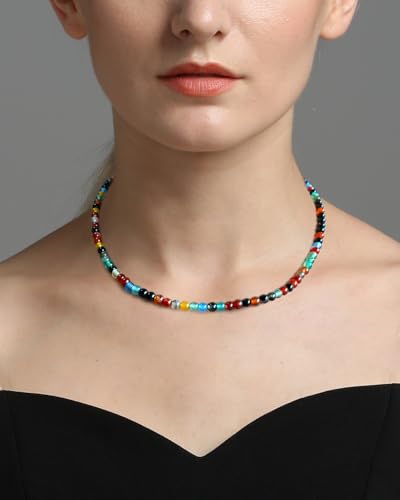 Simple Choker Necklace for Women Real Stone and Crystals Necklaces 4mm Beaded Choker Jewelry Meditation Gift for Women (16"+2") - style: Multicolour