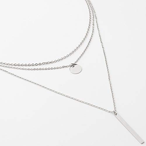 Disc Bar Pendant Layering Necklace Stainless Steel Layered Chain Choker - color: Silver