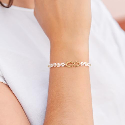 Dainty Gold Plated Pearl Crystal Beaded Bracelets Set for Women 14K Gold Plated Bead Pearl Beads Bracelet Stackable Paperclip Link Chain Bracelets Gold Plated Bracelets for Women Trendy Jewelry - color: Style3-daisy bracelet-1