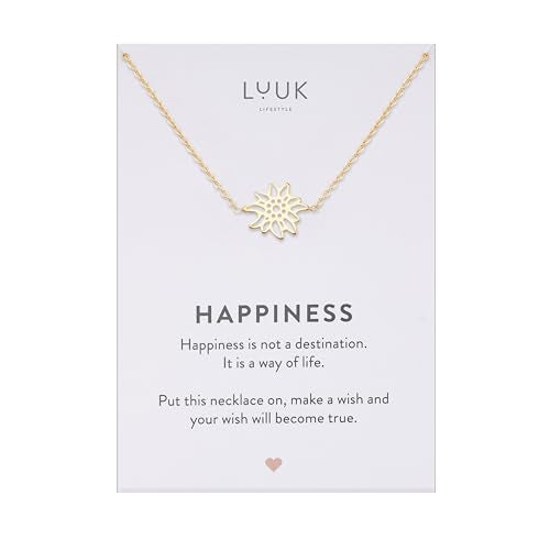 LUUK LIFESTYLE Minimalist necklace with rainbow pendant, HAPPINESS slogan card, symbol of diversity, waterproof stainless steel, gift for women, trendy, chic, silver - color: Gold, size: Edelweiss
