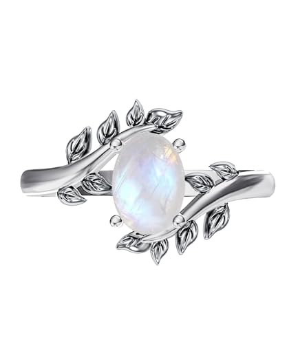 Genuine Turquoise Ring for Women Western Oval Gemstone Jewelry 925 Sterling Silver Leaf Bohemian Boho for Her Wife Mom - color: Moonstone