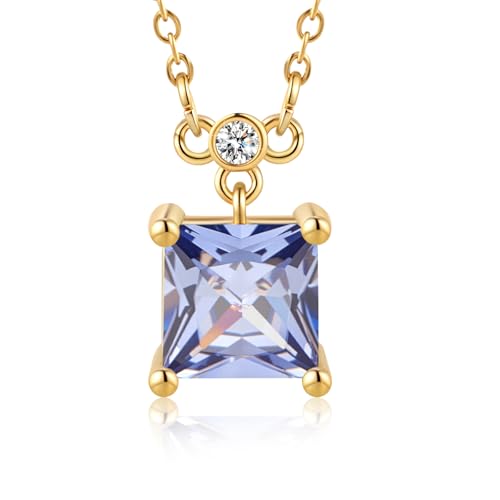 18K Gold-Plated Non Tarnish Birthstone Necklace for Women, 5A Princess Cut Cubic Zirconia Pendant, Birthday Anniversary Valentine's Gift, 18-20 Inches - color: 12-Dec-Light Tanzanite Blue