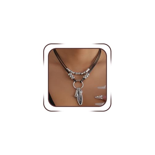 Unique Black Geometric Oval Rhinestone Pearl Pendant Necklace, Vintage Punk Long Leather Rope Choker for Women Trendy Silver Sweater Chain Jewelry Gift - color: Black