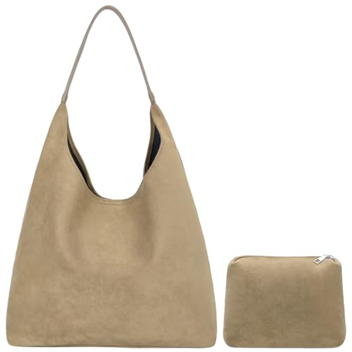 Suede Hobo Bags for Women Trendy Suede Shoulder Bag Slouchy Tote Handbag Suede Purse for Work Everyday | Suede Hobo Bags - color: Khaki