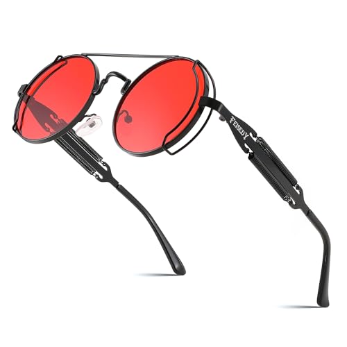FEISEDY Aviator Sunglasses for Men Women, Retro Steampunk Gothic Round Metal Frame Hippie Glasses B2351 - color: Black Frame With Red Lens and Black Leg