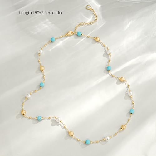Created Turquoise Necklace for Women 14K Gold Plated Beaded Heart Choker Boho Necklaces Handmade Beach Summer Everyday Western Jewelry Gifts - color: Gold Chain, style: Pearl Beaded