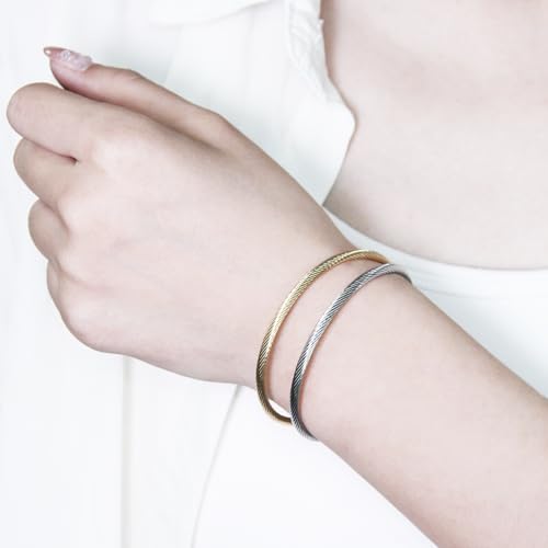 Exway 10 Pcs Elastic charm Bracelet chain Stainless Steel Cable Wire Twisted Cuff Bangle Bracelet Gold And Sliver charm Bracelets Kit for Crafts DIY Women Jewelry Making - color: gold+silver style B, size: 7.0in