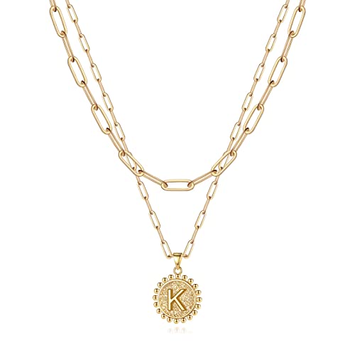 Yoosteel Layered Initial Necklaces for Women Trendy - 14K Gold-Plated Dainty Layering Paperclip Chain Coin Initial Necklace Jewelry Gifts for Women Mom Wife Teen Girls - color: Gold, style: K