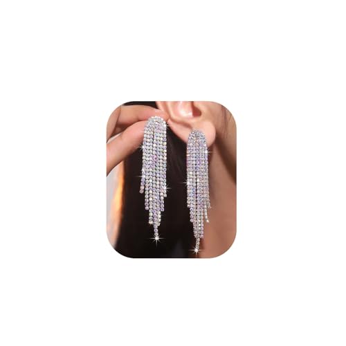 Rhinestone Tassel Earrings Sparkly Long Fringe Crystal Chandelier Dangle Drop Earrings Wedding Party Prom Earrings Premium Iridescent Earrings Wedding Party Jewelry Gifts for Women - color: Silver1