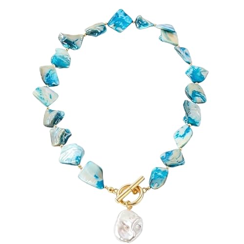 Chunky Shell Choker Necklace for Women,Natural Irregular Pearl Beaded Beach Necklaces,OT Buckle Pearl Pendant Choker,Bohemian Beach Necklace,Summer Beach Vacation Jewelry Gift for Women - color: Blue