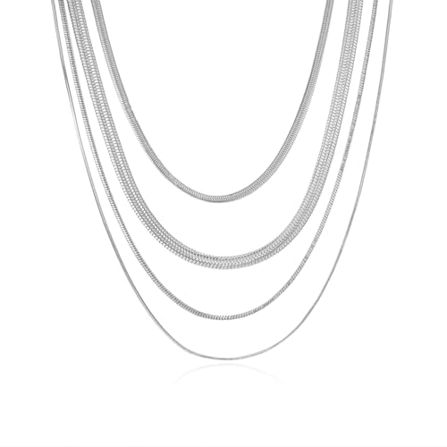 ARSIS 18K Gold Plated Herringbone Necklace Snake Chain Choker Dainty Layered Hypoallergenic Jewelry Gift for Women - color: Silver Multi-Layer