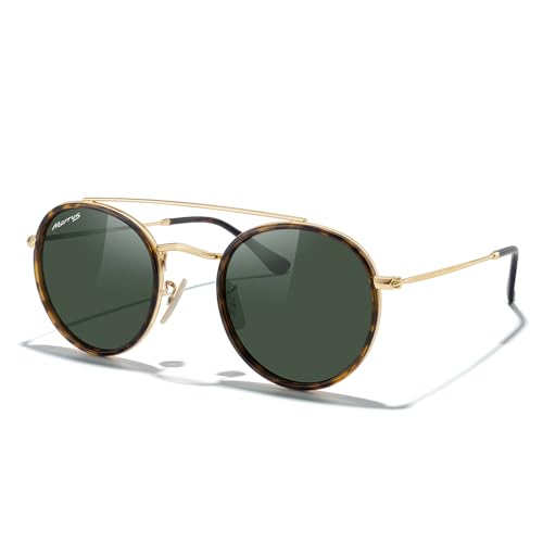 MERRY'S Retro Round Polarized Sunglasses - Unisex Double Bridge Sun Glasses - color: Leopard Frame/Gold Bridge/G15 Lens