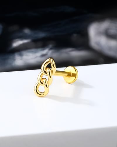 Metal Chain Cartilage Earring – Internally Threaded Flat Back Stud in Silver & Gold 16G 8mm Helix, Conch, Tragus Jewelry - color: WG-8MM