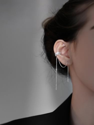 Silver Chain Earrings for Women Dainty Tassel Chain Hoop Earrings Layered Non Piercing Fake Earring Y2K Drop Dangle Cuff Earring Crystal Huggie Clip Hoops Gift for Her - style: Style2