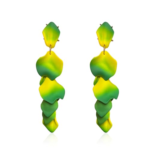 Long Acrylic Rose Petal Earrings Dangle Exaggerated Flower Earrings Drop Statement Floral Tassel Earrings for Women - color: Neon Green + Yellow