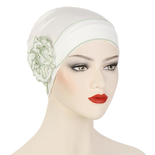 Headwrap Turbans for Women - Twist Soft Floral Solid Caps Pre Tied Chemo Beanies Headwear Hat for Cancer - color: White Green