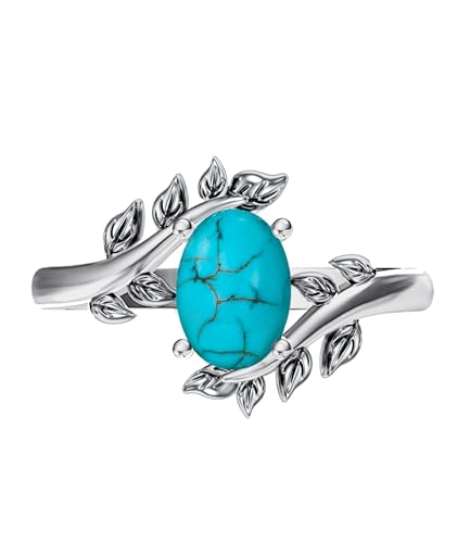 Genuine Turquoise Ring for Women Western Oval Gemstone Jewelry 925 Sterling Silver Leaf Bohemian Boho for Her Wife Mom - color: Turquoise