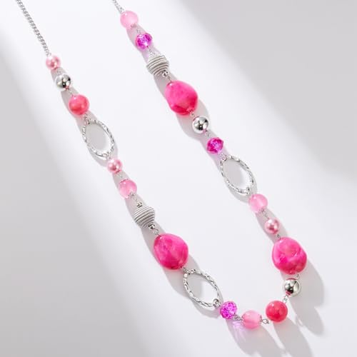 BULINLIN Beaded Long Necklace for Women Silver Sweater Chain Necklace with Crystal Resin Beads, Fashion Jewelry Necklace - color: Hot Pink