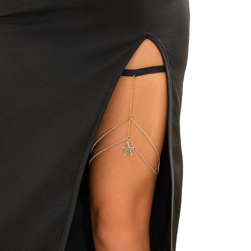 Multi-Layered Thigh Chains Jewelry, Bikini Elastic Tassel Leg Chain, Summer Beach Body Chain, Simple Metal Thigh Body Chain for Women - color: Star-Gold
