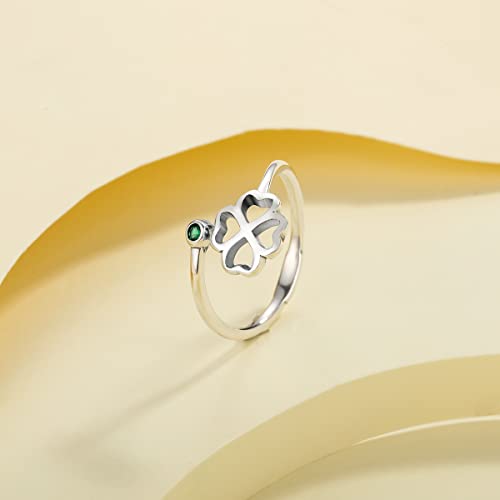 PARCOM Adjustable Women Stackable Ring, 925 Sterling Silver Open Rings - Trendy Eternity Cubic Zirconia Stackable Band Engagement Promise Ring for Her, Hypoallergenic Non Tarnish Nature Bird Floral Thumb Rings - color: Four-Leaf Clover