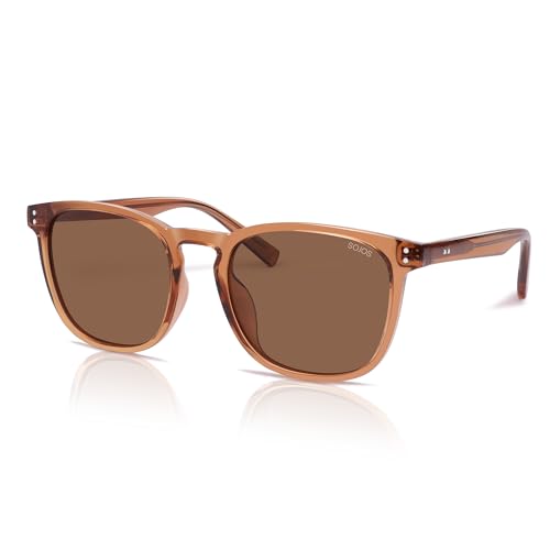SOJOS Unisex Rounded Square Polarized Sunglasses TR90 Frame UV400 Protection Lightweight Retro for Women & Men - color: Crystal Brown/Brown