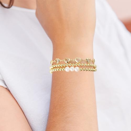 Dainty Gold Plated Pearl Crystal Beaded Bracelets Set for Women 14K Gold Plated Bead Pearl Beads Bracelet Stackable Paperclip Link Chain Bracelets Gold Plated Bracelets for Women Trendy Jewelry - color: Style8-gold beaded heart set