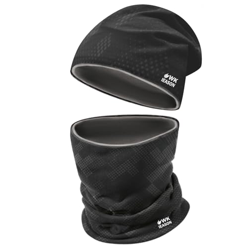 WK IEASON Winter Thermal Fleece Hat Scarf Set for Men Women Warm Windproof Cap Neck Warmer Fleece Beanie Scarf Set for Skiing - color: Black/Grey Dots