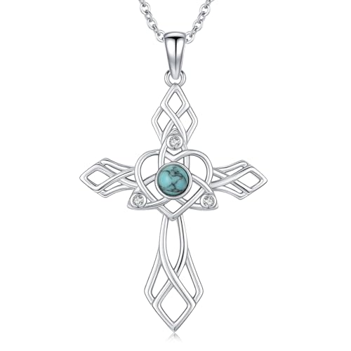 Cross Necklace 925 Sterling Silver Turquoise Christian Pendant Religious Cross Jewelry Christmas Gifts for Women Men - style: Celtic A
