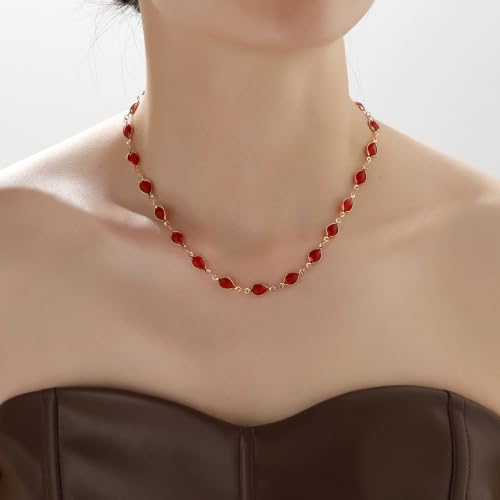 Beaded Choker Necklaces for Women 18k Gold Plated Dainty Gold Choker Necklaces for Women - style: ﻿Red Oval 23