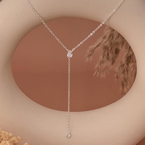Gold Necklace for Women - Dainty Long Lariat Necklace 14K Gold Plated Clover Star Teardrop CZ Y Shaped Drop Necklaces Cute Long Necklaces for Women Trendy Prom Formal Womens Jewelry - color: Silver-LX Drop