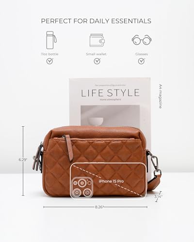 Alldaily Small Triple Zip Crossbody Purse for Women, Vegan Leather Phone Bag with Wide Shoulder Strap - color: Quilted Brown