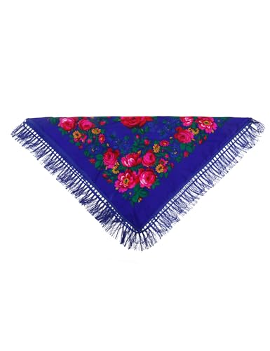 MJ SERECA Acrylic Bandana Printed Hair Scarf Square Ukrainian Head Scarf Floral Babushka Neck Scarf for Women 30"/42"/60" - color: Navy With Tassel