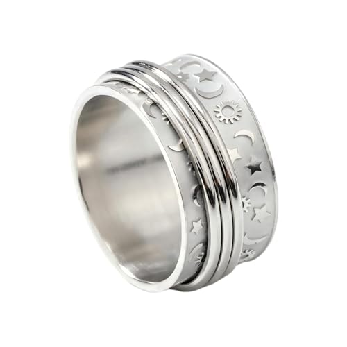 Stainless Steel Rings for Men Women, Vintage Chunky Silver Spinner Ring Band for Meditation, Relaxation& Stress Relief, Retro Wide Wrap Thumb Finger Midi Rings, Statement Cool Punk Band Ring Jewelry - color: R08Color2