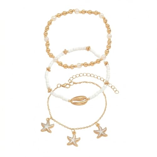 Boho Beads Beach Layered Anklet Set for Women, Handmade Gold Starfish Pearl Shell Anklets Summer Ocean Accessories Jewelry Gift - color: PStarfish