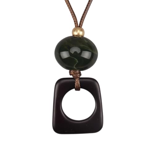 Kelake Leather Necklace for Women Men Teen Vinatge Boho Alloy Pendant Choker Jewelry Fashion Sweater Necklaces with Adjustable Genuine Leather Chain - color: Jade Bead Square Wood Pendant