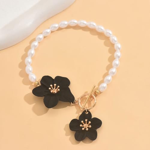 Flower Anklets for Women Trendy Flower Ankle Bracelet Boho Floral Anklet Summer Beach Anklets Jewelry for Women - color: Pearl Chain Black