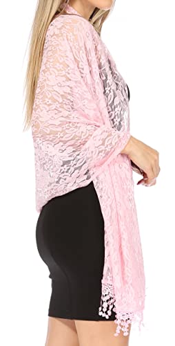 Sakkas Mari Women's Large Lightweight Soft Lace Scarf Wrap Shawl Floral and Fringe - color: Style3-pink