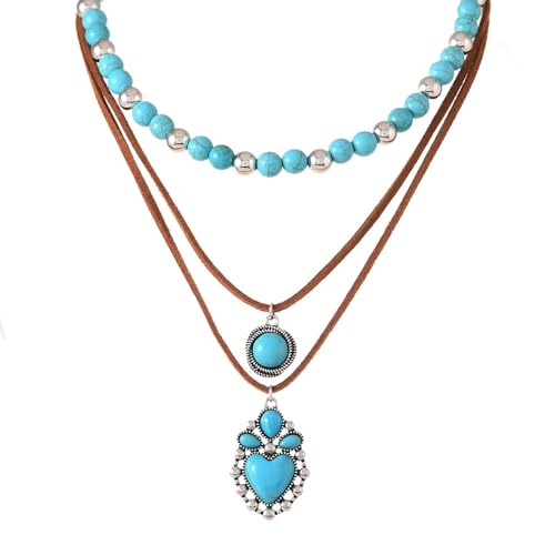 ONLYJUMP Boho Turquoise Leather Choker Necklace for Women Bohemian Handmade Leaf Layered Black Brown Suede Western Cowlady Necklace Western Country Party Jewelry Gifts - style: Heart