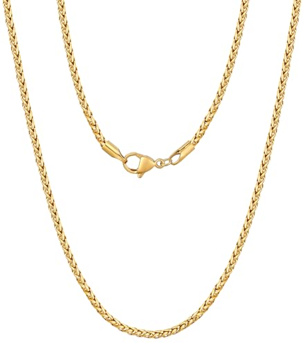Fiusem Wheat Chains for Men and Women, 2/2.5/3/4/5mm Silver Tone/14K Gold Plated/Black Necklace Chain, Stainless Steel Mens Necklace 16-28 Inch - size: 18 Inches, style: Gold 2MM