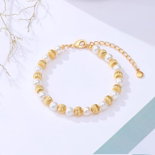 2PCS 18K Gold Plated Nail Bangle & Chain Bracelet Set for Women, Adjustable Stackable Bangle Jewelry, Dainty Gold Bracelet Gift for Women - color: Set C-peal