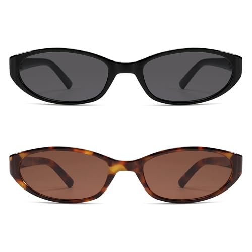 Retro Oval Sunglasses for Women Men Y2k Narrow Cat Eye Sunnies Skinny Shades AR82299 - color: B02 Black/Grey+tortoise/Brown