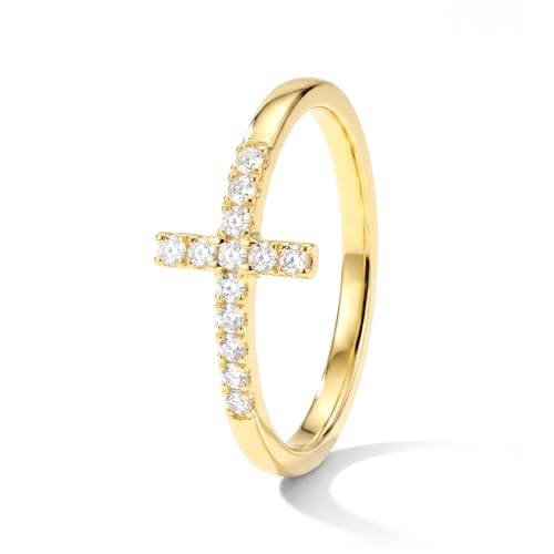 Cross Ring 14K Gold Plated 925 Silver with CZ, Stackable Rings - color: Cross 14K Gold, size: 5