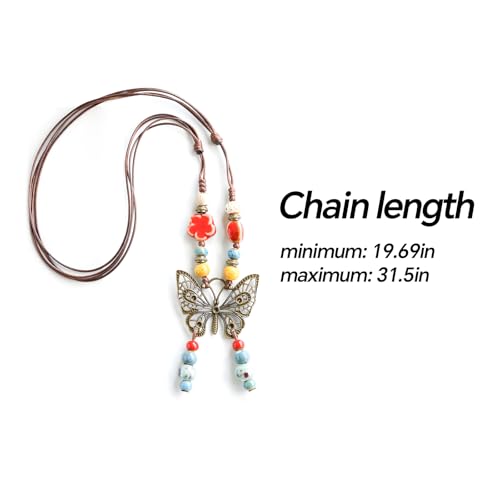 Boho Necklace for Women,Vintage Butterfly Pendant Necklaces,Adjustable Wooden Beads Layered Braided Choker,Fashion Tribal Style Leather Rope Necklace Jewelry,Chunky Statement Gift for Women - color: Colorful5