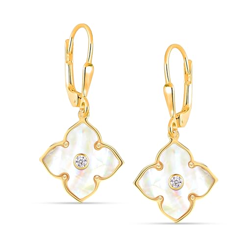 LeCalla 925 Sterling Silver Leverback Drop Earrings | Lightweight Celtic-Knot Filigree Heart Teardrop Dangle Earring for Women's Gift for Her - color: Yellow MOP Clover CZ