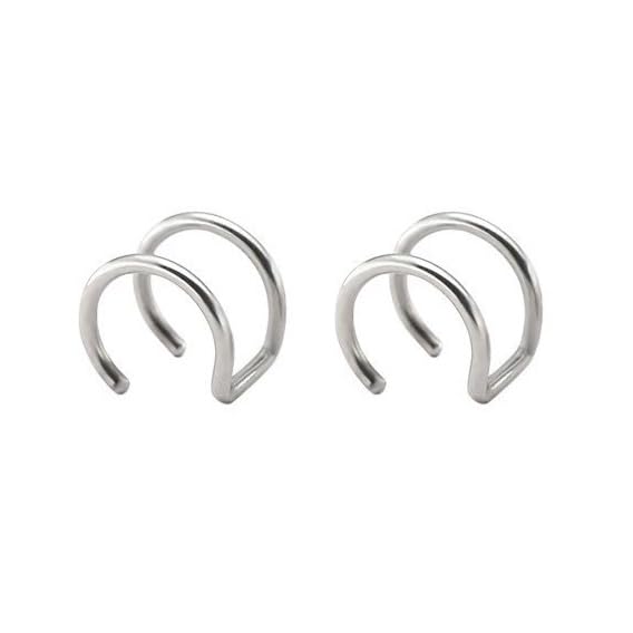 2Pcs Stainless Steel Non Piercing Fake Lip Rings Helix Conch Cartilage Earrings Minimalist Double Hoops Ear Cuffs Earring Fake Body Piercing Jewelry